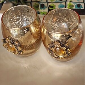 Elegant Gold Embellished Candle Holders 3 1/2 "